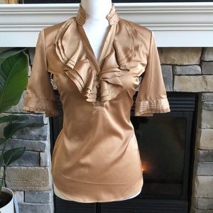 New York and Company gold tan color satin silk like blouse with ruffles  Xsmall